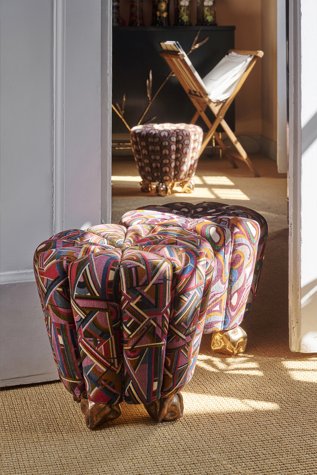 Crinkle Stool in Bronze with House of Lyria Reclaimed Fabric